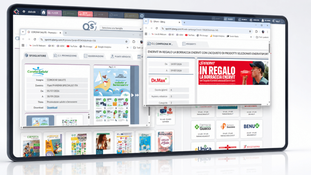Piattaforma QBerg per il monitoraggio e la pianificazione delle promozioni su volantino, punto vendita ed e-commerce.